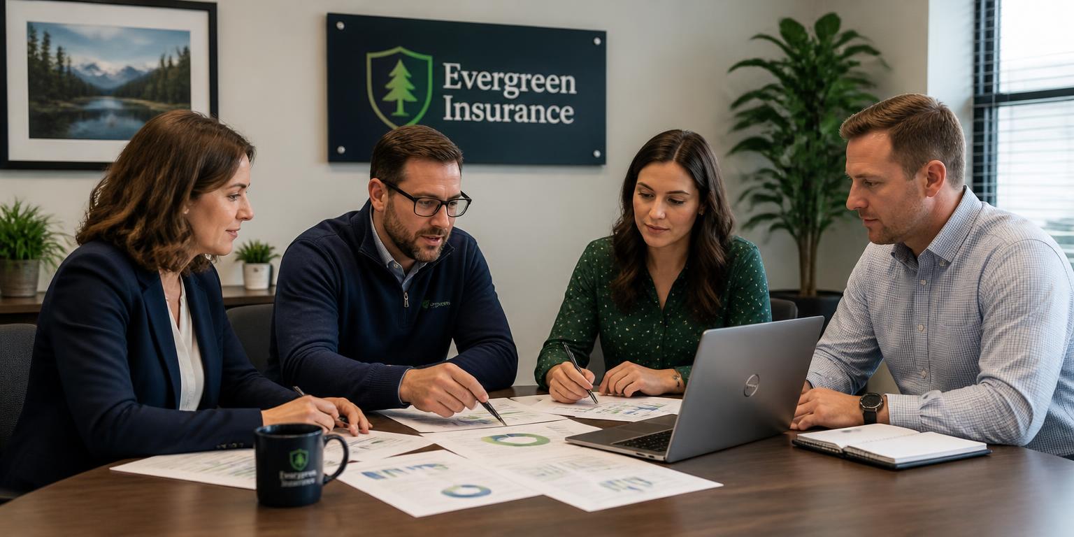 A small insurance agency team reviewing commission figures around a table