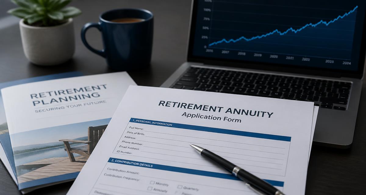 A retirement annuity application form beside a laptop showing a rising chart