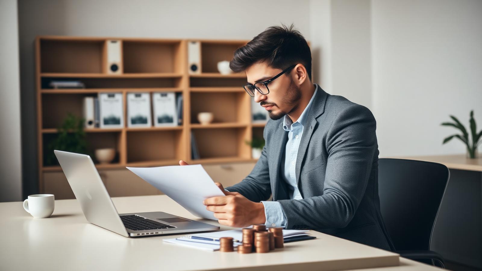 A business owner calculating CRM software costs next to a laptop and a notebook full of numbers