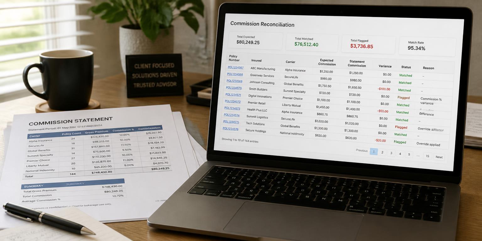 A printed commission statement next to a laptop showing a reconciliation table
