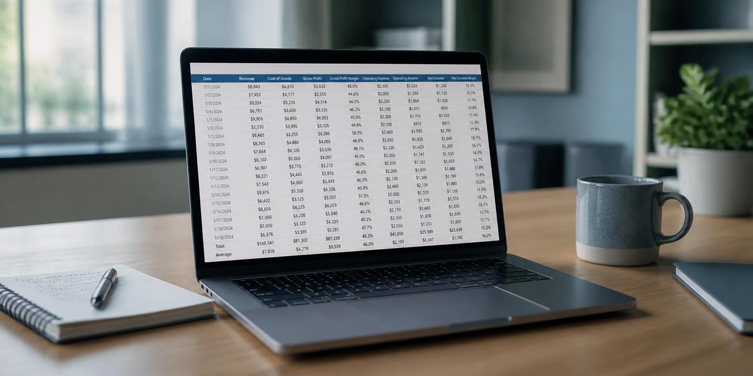 A laptop on a desk showing a spreadsheet of commission figures