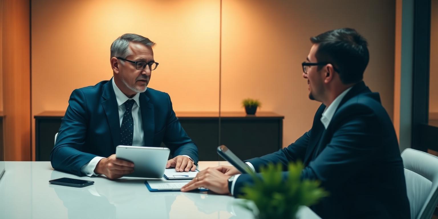 An insurance agent with a tablet talking to a client across a desk