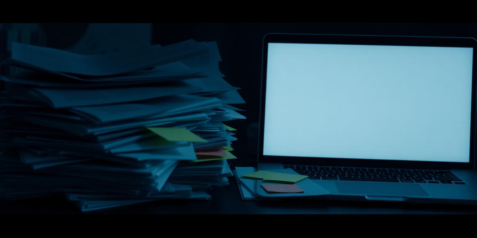 A pile of paper printouts with sticky notes next to a laptop showing an empty spreadsheet