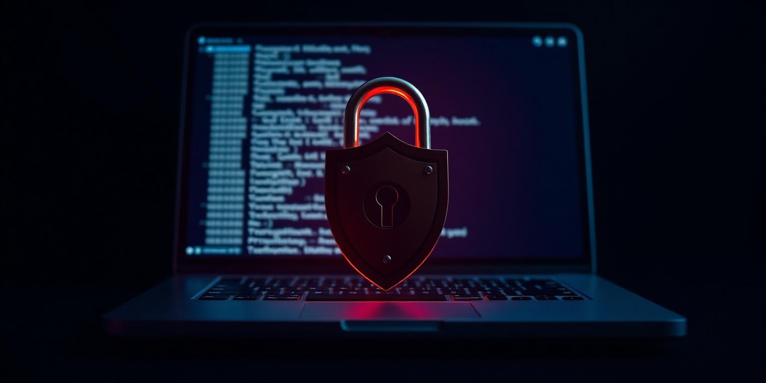 A lock and shield icon in front of a laptop with a protected client database