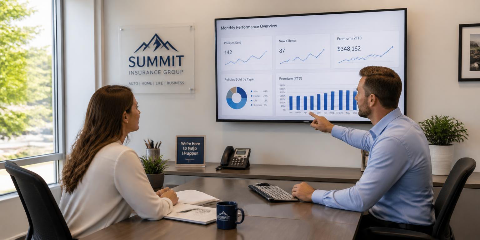 Two colleagues in a small insurance agency reviewing performance charts on a monitor