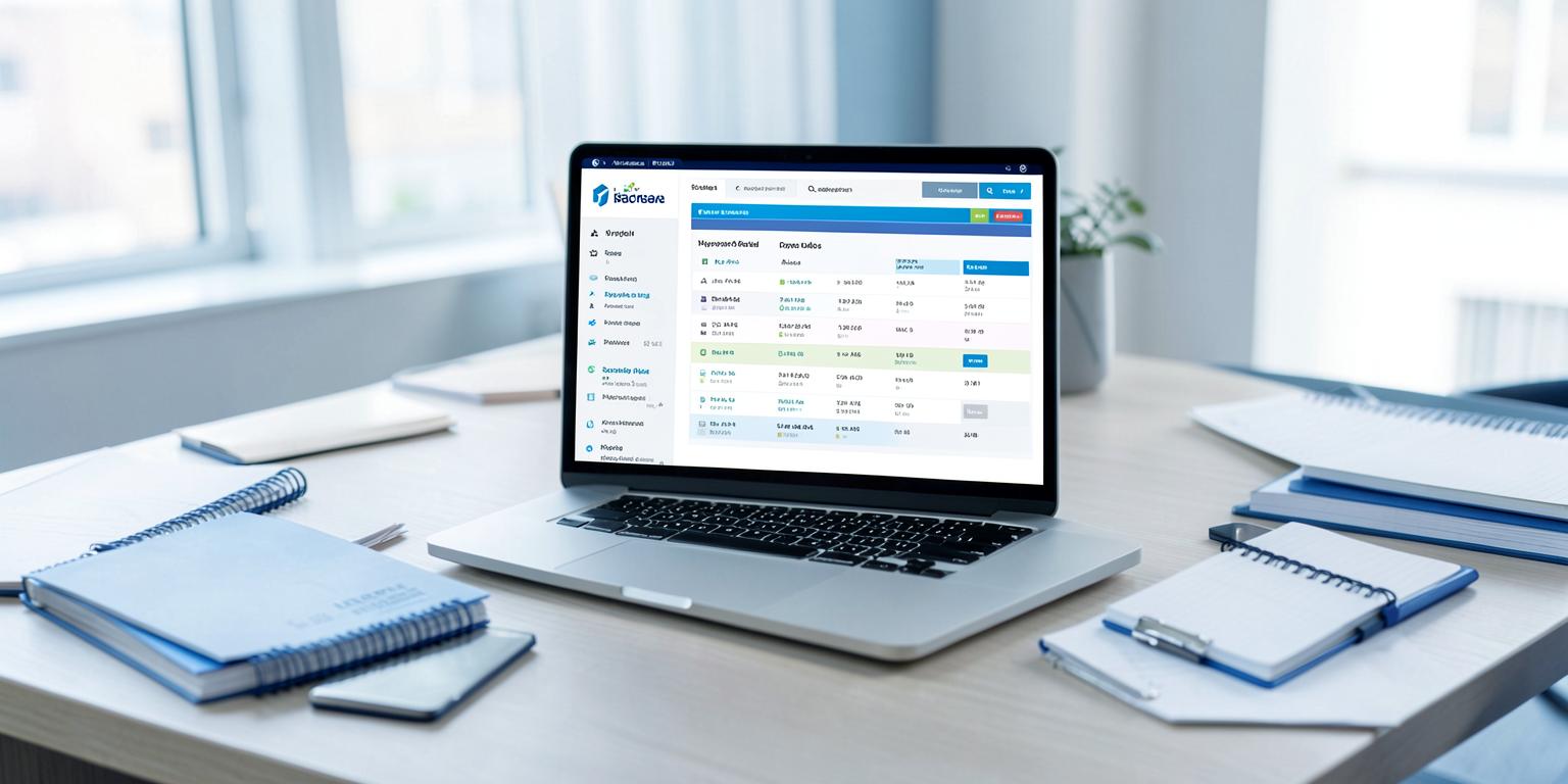 A laptop on an agency desk showing a policy management dashboard