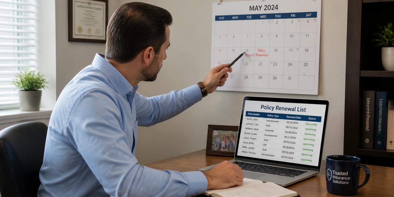 An insurance agent reviewing a renewal calendar and a policy list on a laptop