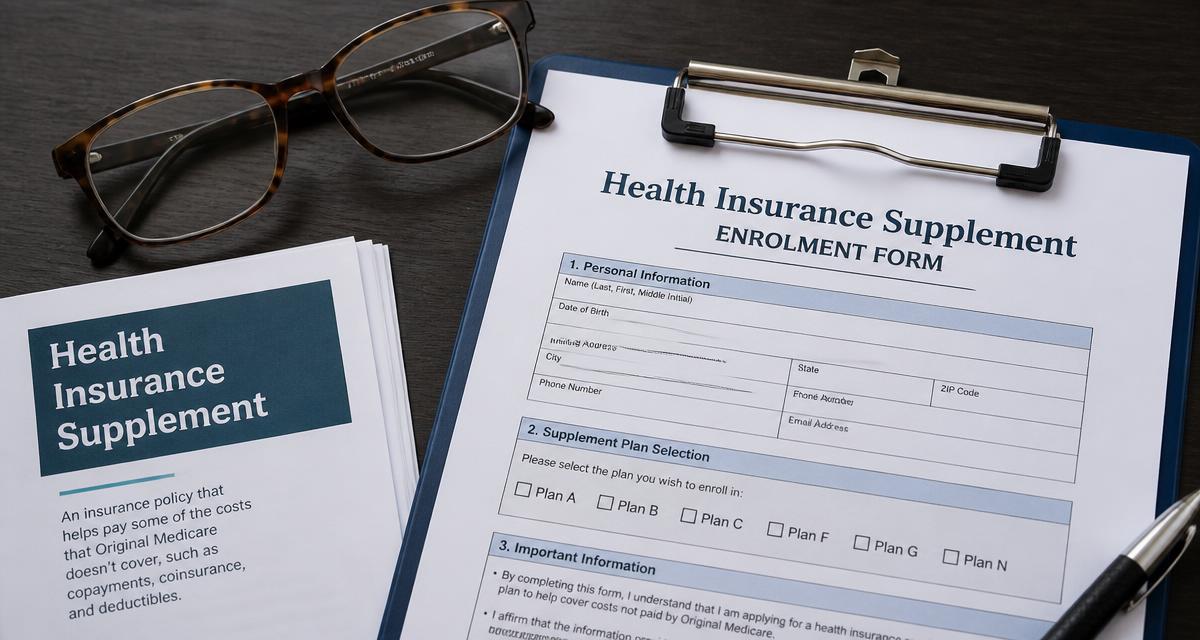 Health insurance supplement enrolment forms with reading glasses on a dark desk