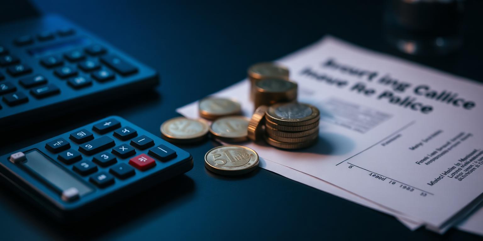 A calculator, euro coins and an insurance policy on a dark desk