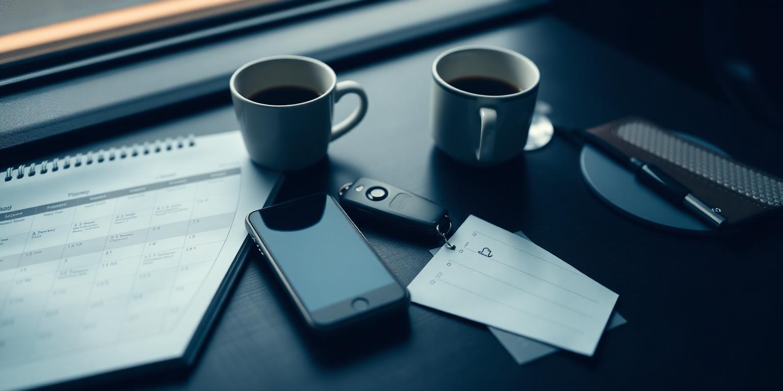 A calendar, phone, car keys and coffee on a dark desk during morning planning