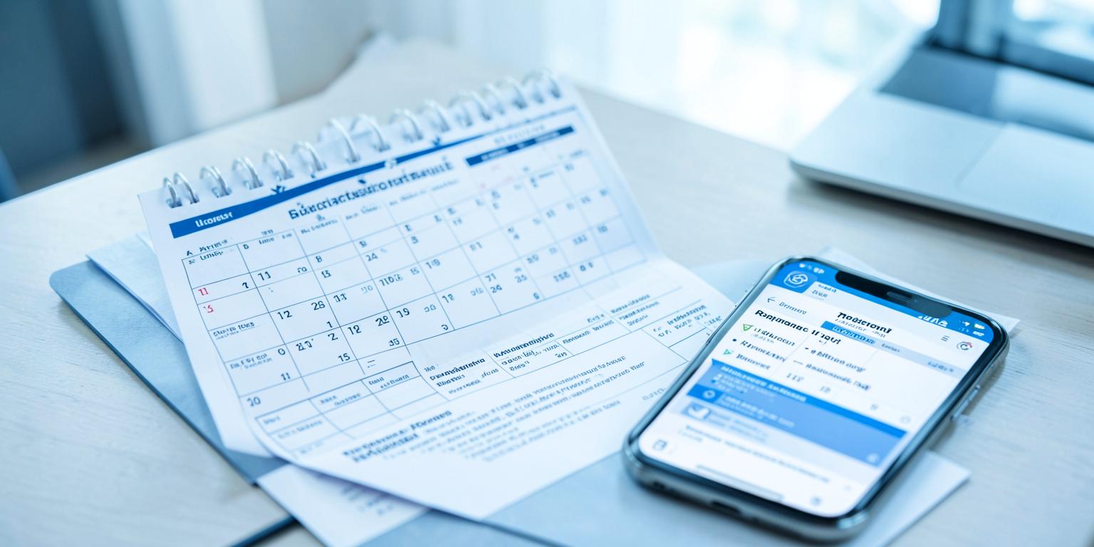 A desk calendar with policy documents and a phone showing renewal reminders