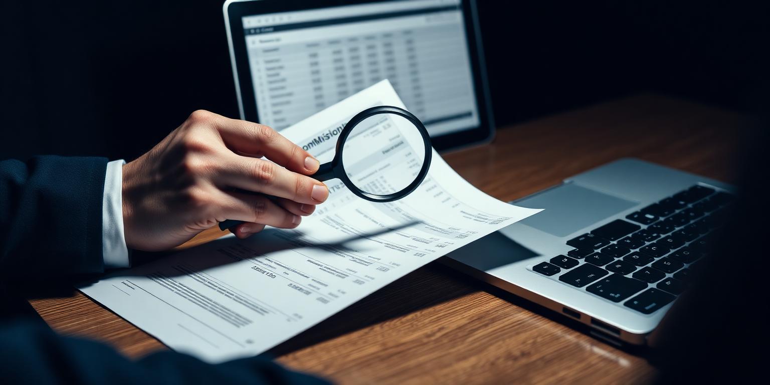 Reviewing a commission statement with a magnifying glass next to a laptop showing a spreadsheet
