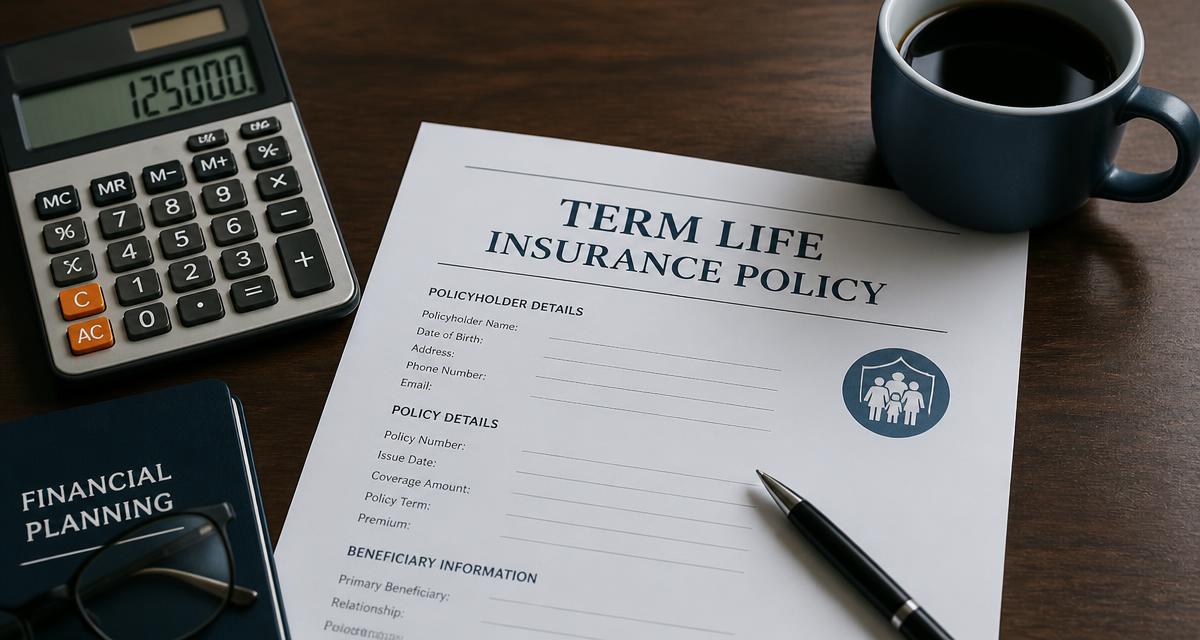 A term life insurance policy form with a calculator and a coffee cup on a dark desk