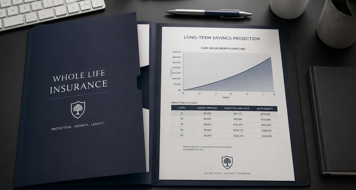 A whole life insurance folder open next to a long-term savings projection printout